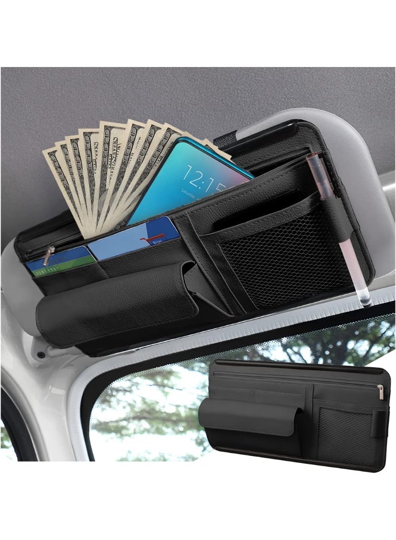 Universal Car Sun Visor Organizer - Multi-Pocket Storage Pouch with Zipper for Glasses, Cards & Small Accessories (Black) - Image 1